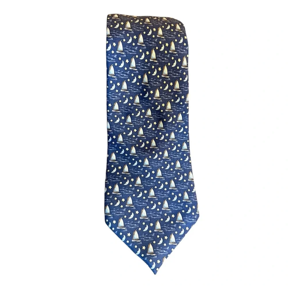 Vineyard‎ Vines Silk Necktie Sailing Boats Moons Stars Navy Blue Men's Accessory